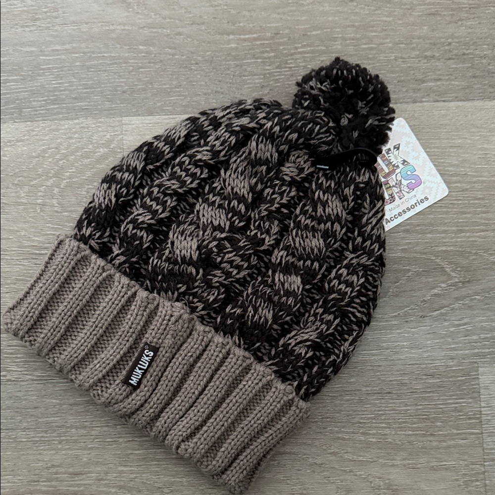 Muk Luks Kids Brown and Gray Knit Pom Beanie